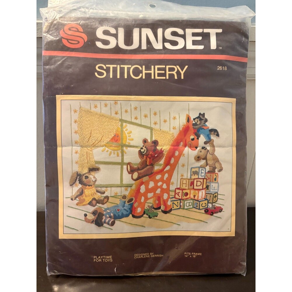 Vintage Sunset Stitchery 2618 Playtime For Toys Crewel Kit 14x18 Nursery